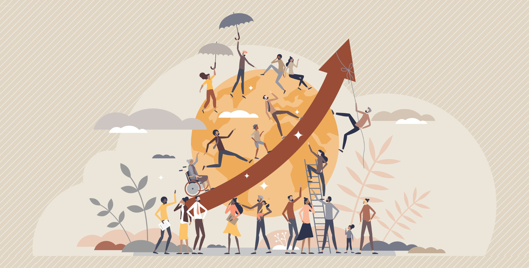 Illustration of a diverse group of people doing activities around an oversized globe