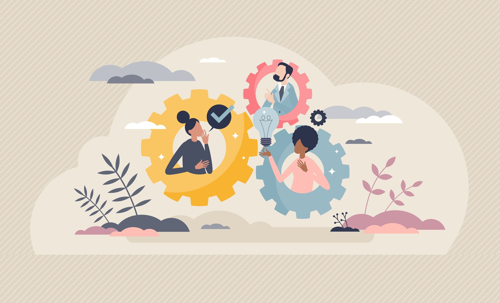 Illustration of three people in mechanical cogs looking thoughtful