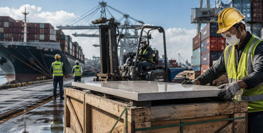 Port worker handling an engineered stone worktop beside shipping containers and a cargo ship.