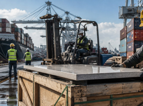Port worker handling an engineered stone worktop beside shipping containers and a cargo ship.