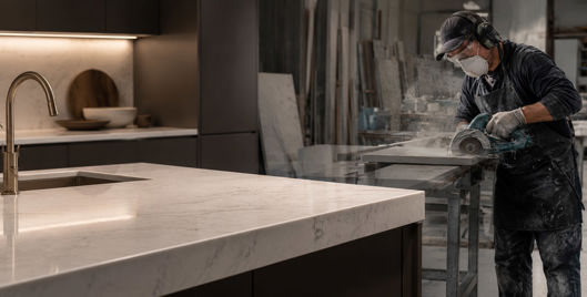 Worker cutting engineered stone in a dusty workshop beside a finished kitchen with a polished stone worktop.