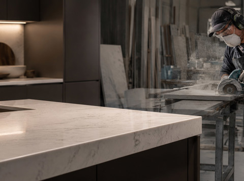 Worker cutting engineered stone in a dusty workshop beside a finished kitchen with a polished stone worktop.