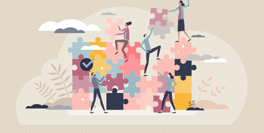 Illustration of people building an oversized, colourful jigsaw puzzle wall