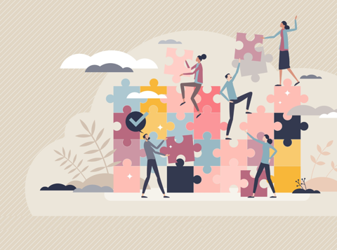 Illustration of people building an oversized, colourful jigsaw puzzle wall