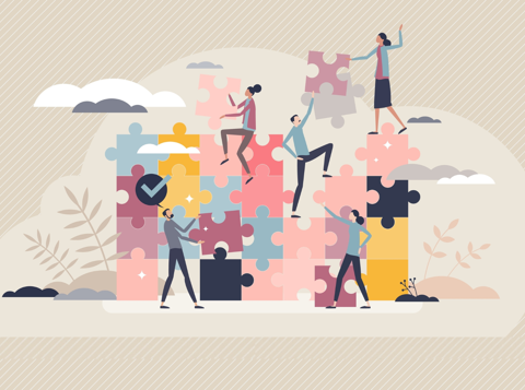 Illustration of people building an oversized, colourful jigsaw puzzle wall
