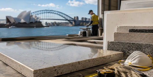 Engineered stone samples and safety gear in a workshop overlooking Sydney Harbour, with a worker in the background.