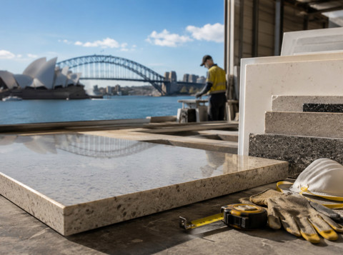Engineered stone samples and safety gear in a workshop overlooking Sydney Harbour, with a worker in the background.