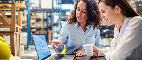 Two colleagues reviewing workplace wellbeing information on a laptop in a warehouse office
