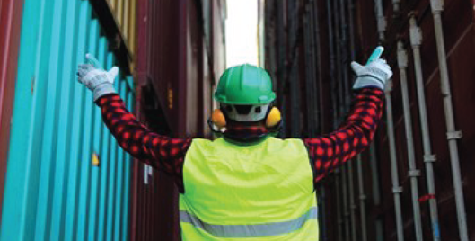 Man wearing PPE with arms raised standing in front of shipping containers