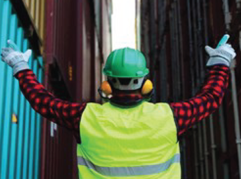 Man wearing PPE with arms raised standing in front of shipping containers