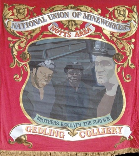Gedling Colliery banner 'Brothers beneath the surface' slogan. Photograph: Minds2MineEducation