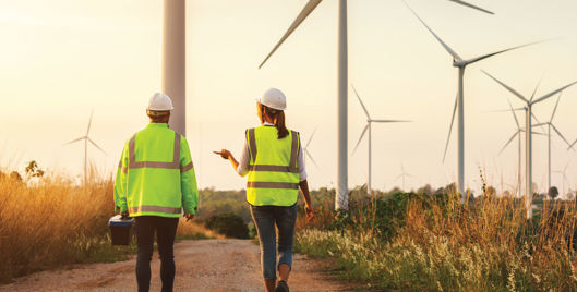 Two people wearing high vis and PPE walking through a wind turbine field at sunset