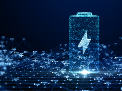 Illustrated blue battery with a blue lightening bolt in the centre on a tech related backgroundin