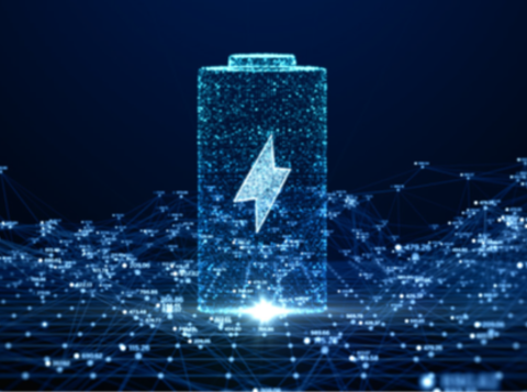 Illustrated blue battery with a blue lightening bolt in the centre on a tech related backgroundin