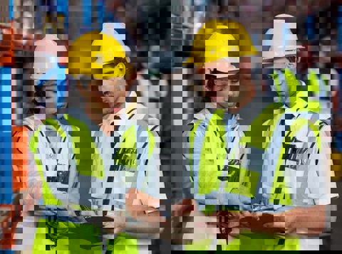 Two people wearing high vis and hard hats discussing information over a clipboard in a warehouse