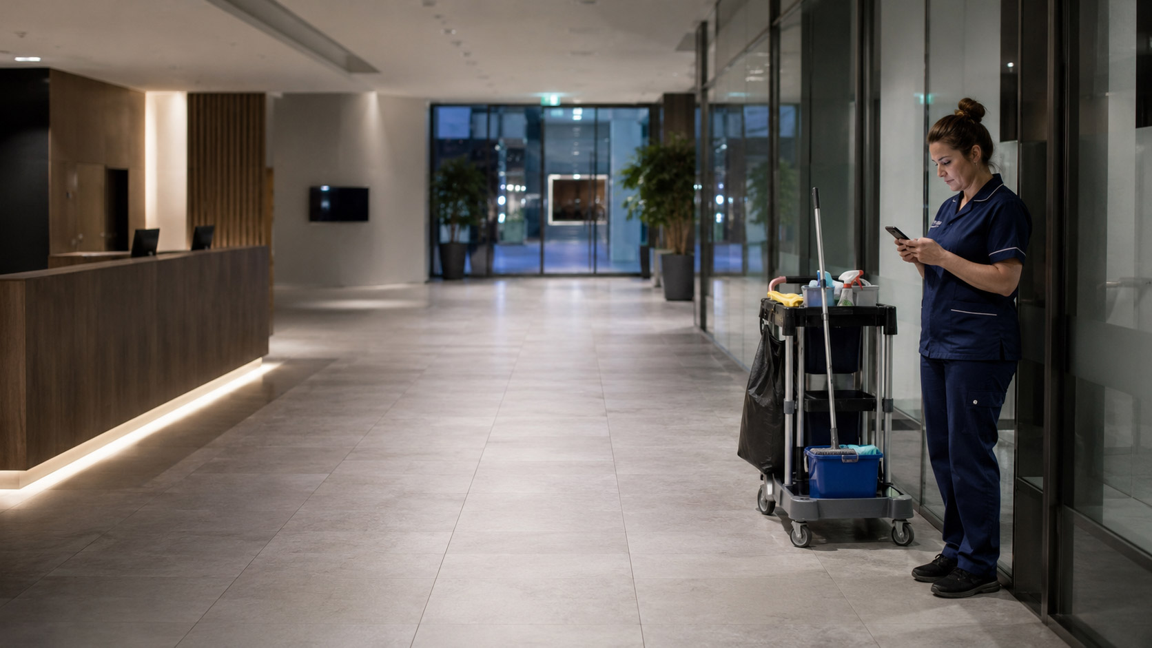Lone worker checking in by phone while working alone in an empty workplace