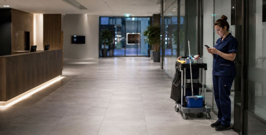 Lone worker checking in by phone while working alone in an empty workplace