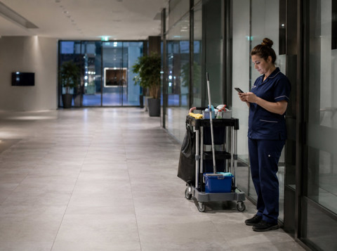 Lone worker checking in by phone while working alone in an empty workplace