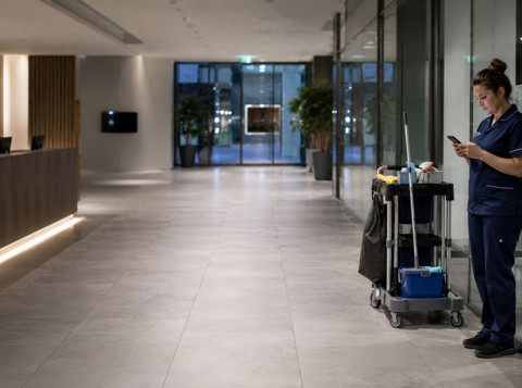 Lone worker checking in by phone while working alone in an empty workplace