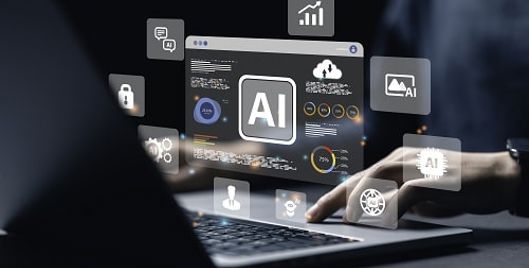 Open laptop with futuristic browser taps popping out of the keyboard displaying the various elements of artificial intelligence