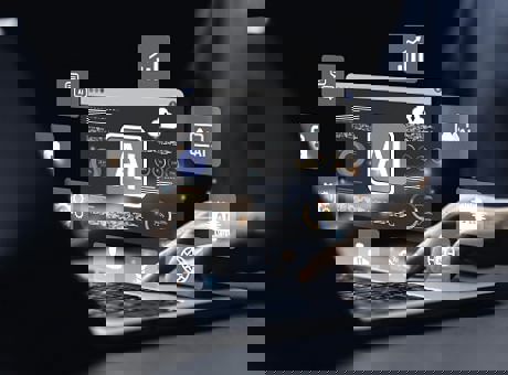 Open laptop with futuristic browser taps popping out of the keyboard displaying the various elements of artificial intelligence