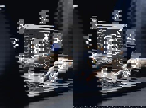 Open laptop with futuristic browser taps popping out of the keyboard displaying the various elements of artificial intelligence