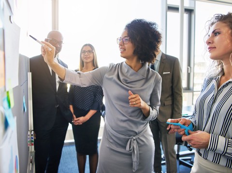 A group of people in an office working together and making notes on a whiteboard