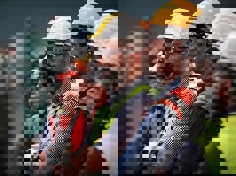 A row of men stood next to each other wearing high vis jackets and PPE