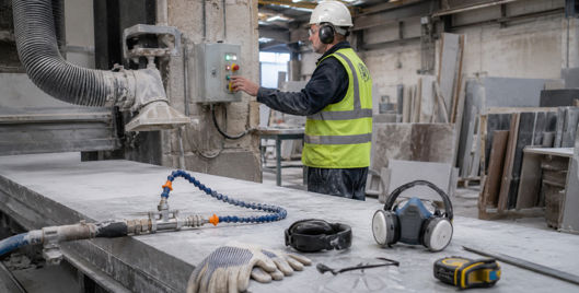 Worker checking dust-extraction controls in a stone workshop, with respiratory protective equipment and water-suppression tools visible in the foreground.