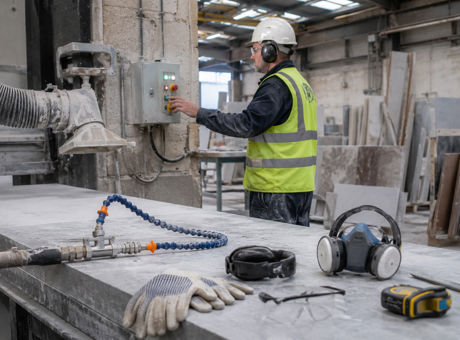 Worker checking dust-extraction controls in a stone workshop, with respiratory protective equipment and water-suppression tools visible in the foreground.