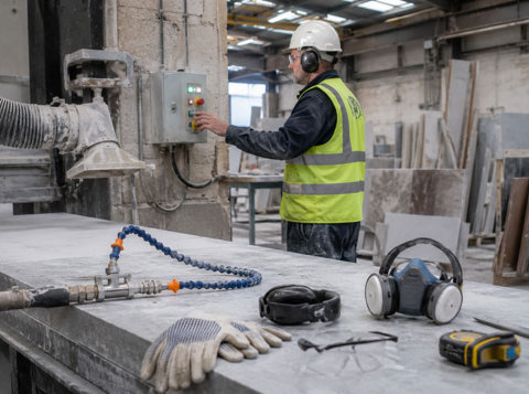 Worker checking dust-extraction controls in a stone workshop, with respiratory protective equipment and water-suppression tools visible in the foreground.