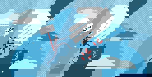 Illustration of a man with a help sign climbing stairs to an outreached arm