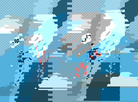 Illustration of a man with a help sign climbing stairs to an outreached arm