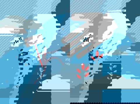 Illustration of a man with a help sign climbing stairs to an outreached arm