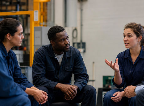 Manager listening as employees discuss health, safety and wellbeing in an industrial workplace.