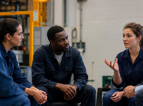 Manager listening as employees discuss health, safety and wellbeing in an industrial workplace.