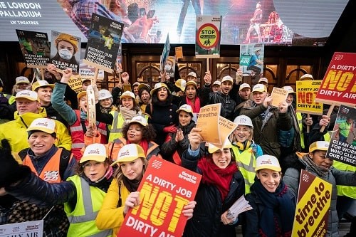 Members of the British Safety Council outside London's Palladium theatre for the Time to Breathe demonstration in March 2019.