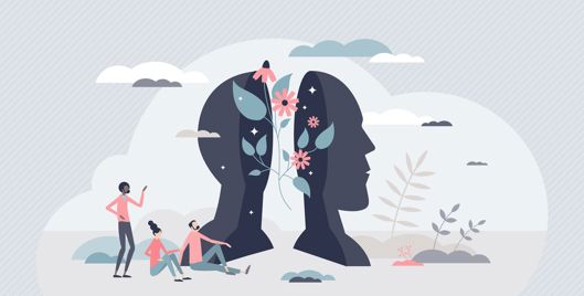 Illustration of a head with flowers growing out of it in front of a cloud