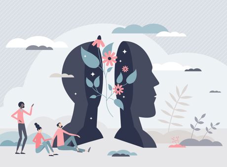 Illustration of a head with flowers growing out of it in front of a cloud