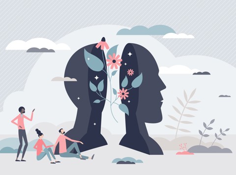 Illustration of a head with flowers growing out of it in front of a cloud