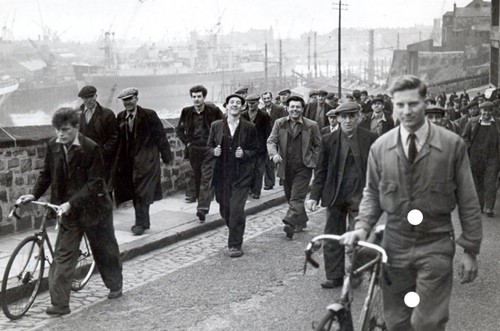 Shipyard workers pictured during the 1950s in Sunderland. Photograph: James Cronin / Pinterest