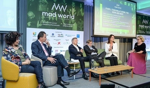 Ruby Wax, Peter Cheese, Dr Wolfgang Seidl, Paul Farmer, Fiona Cannon and Louise Aston speaking on a panel at Mad World Summit in October
