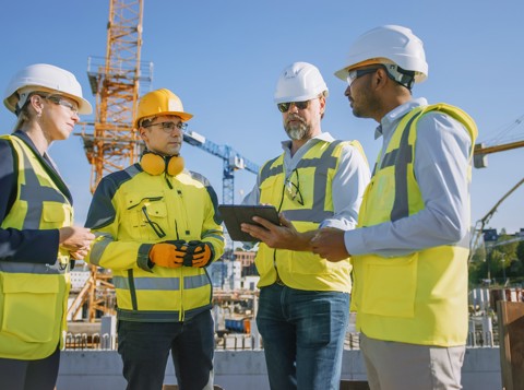 Four people wearing PPE having a conversation at a construction site