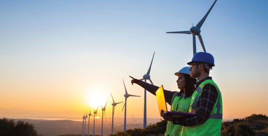 Two people wearing high vis and PPE stood in a wind turbine field holding a laptop and pointing to the distance